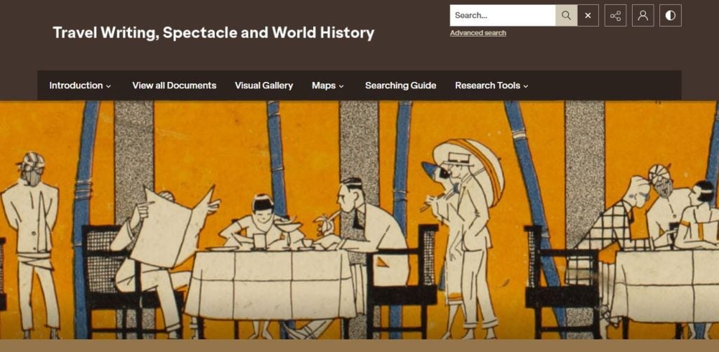Banner image and landing page for Travel Writing, Spectacle and World History database.
