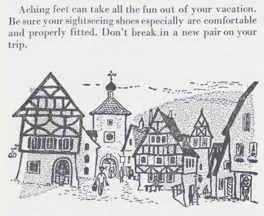 Detail of a travel guide showing travel advice and an illustration of a European town. 