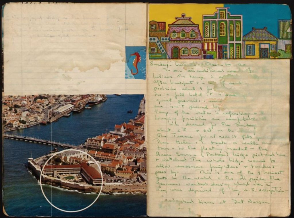Scanned pages from a travel scrapbook, including a photo of Willemstad and the Queen Emma Bridge in Curaçao, and a drawing of colourful buildings. The text is handwritten in green ink and is badly water-damaged. 