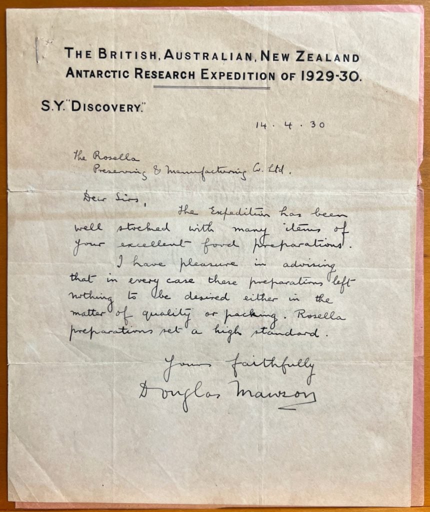 Page with printed letterhead of The British, Australian, New Zealand Antarctic Research Expedition of 1929-30, with inked script from the hand of Douglas Mawson.