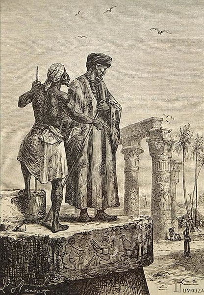 Black and white illustration of Ibn Battuta standing on a carved architectural block in Egypt