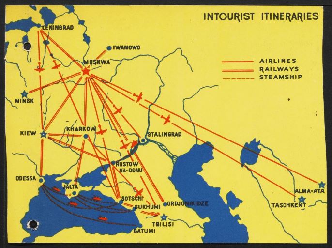 Stylised map of the former USSR in yellow and blue, with red lines showing travel itineraries and methods. 