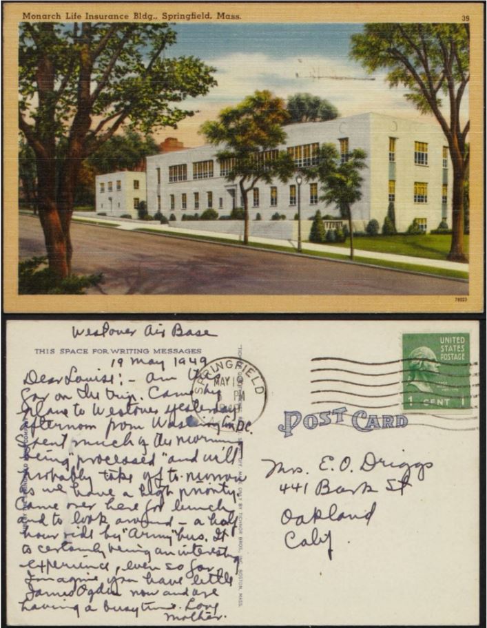 Front and verso of postcard. Front shows colour image of the Monarch Life Insurance Building, Springfield, Massachusetts, while verso shows handwriting.