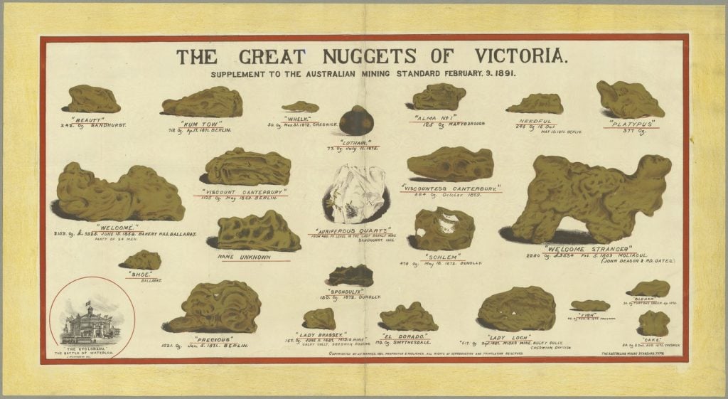 Poster features illustrations of some of the gold nuggets found in Victoria prior to 1891. 