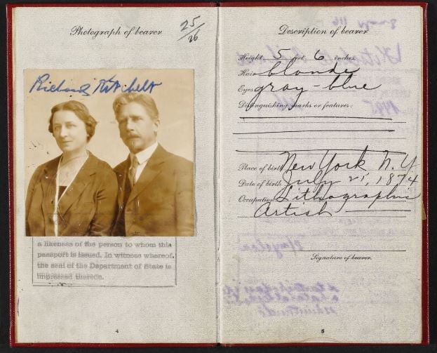 Page from United States passport, showing photograph of a woman and man, titled 'Richard Kitchelt' in ink.