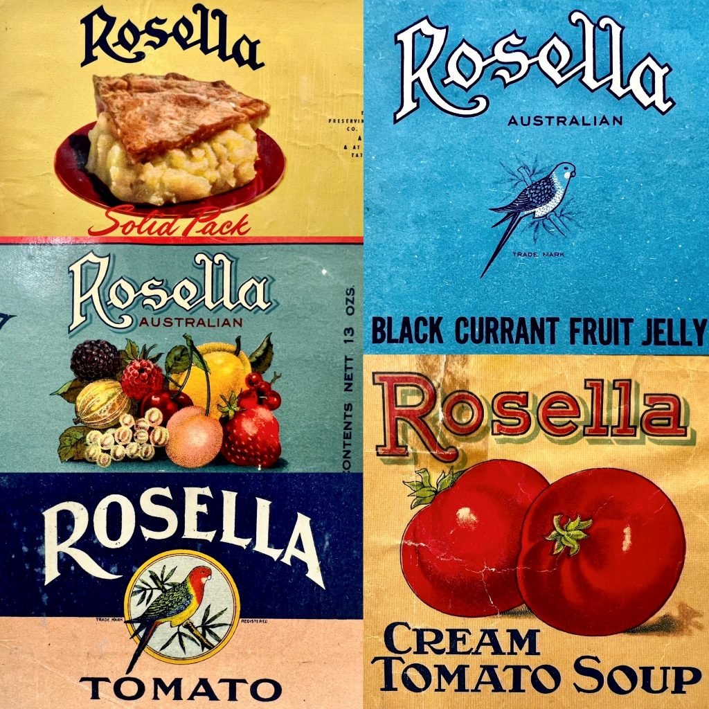 A grouping of five labels from cans showing a variety of produce from Rosella Preserving Company. 