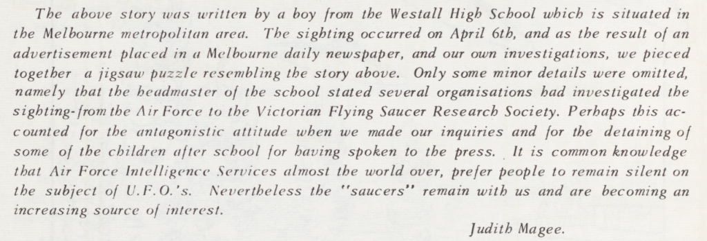 Image of Editors note by Editor Judith Magee referring to the anonymous first-hand account of the events of April 6 at Westall High School.  Printed in Australian Flying Saucer Review June 1966.