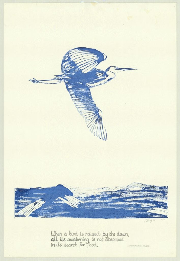 poster of a print of a large bird flying over the sea.