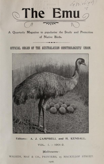 front cover of the Emu magazine with an emu standing in front of a nest of eggs 