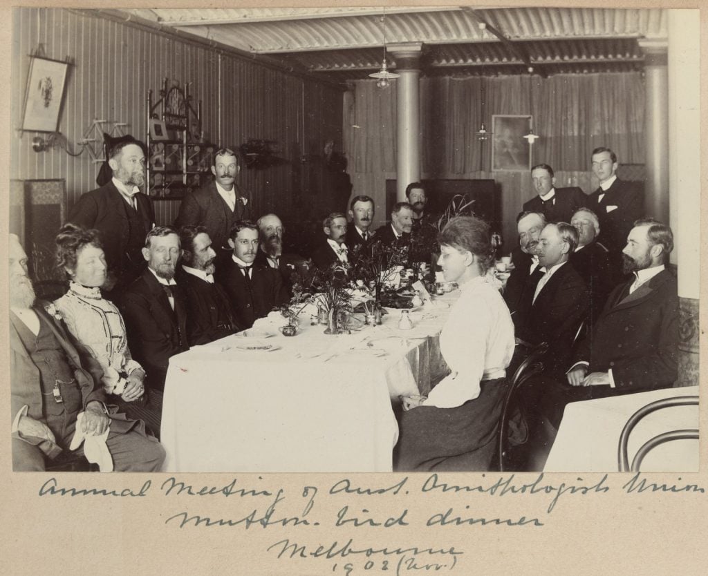 photograph of men and women around a table with vases of lowers down the centre, in a timber paneled room, with a corrugated iron ceiling. men wearing suits ties and wing collars