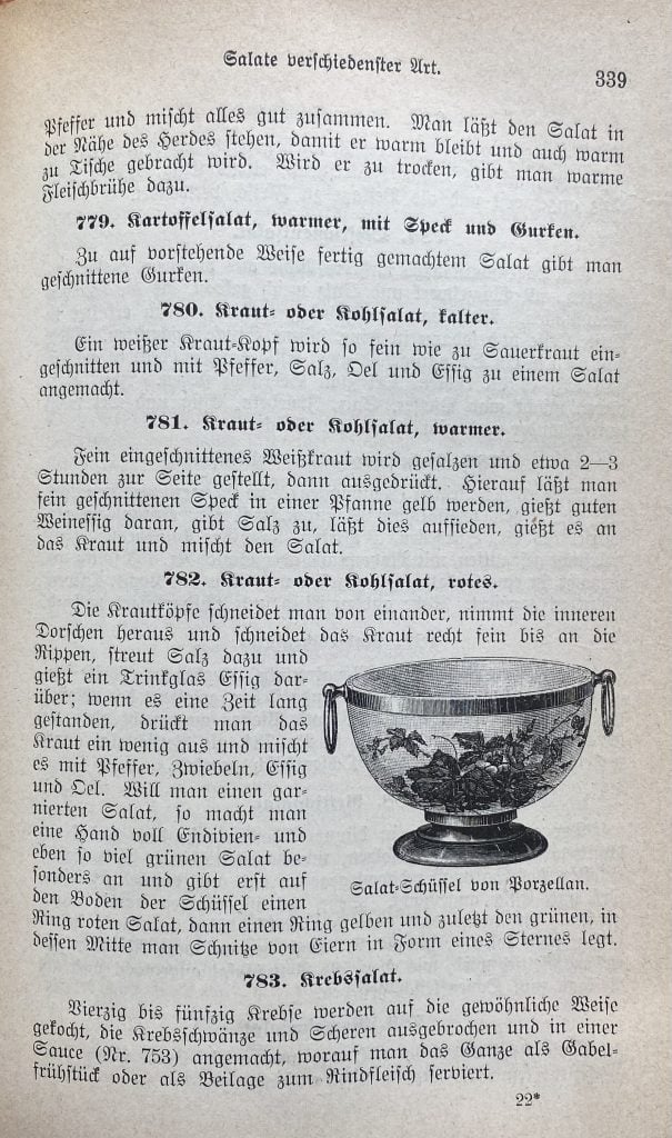 A page of recipes in traditional german script and a drawing of a salad bowl.