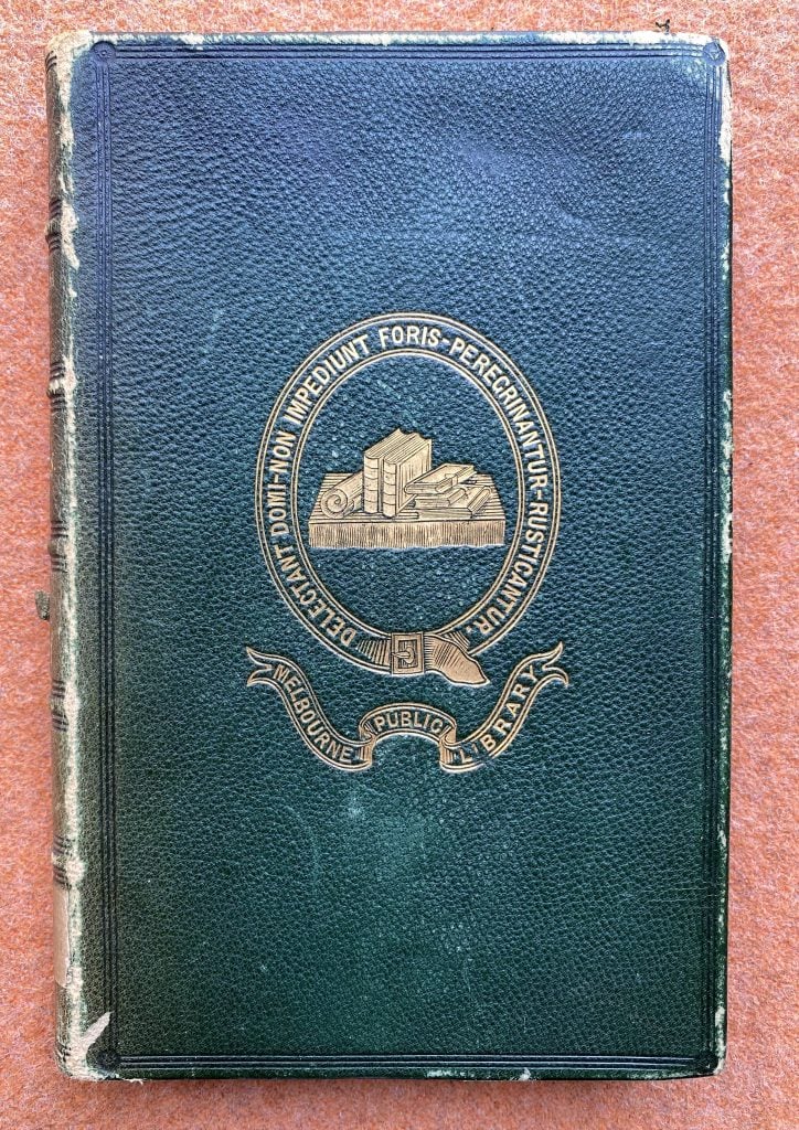 Cover of the English bread book, dark blue with gold embossed stamp of the melbourne public library