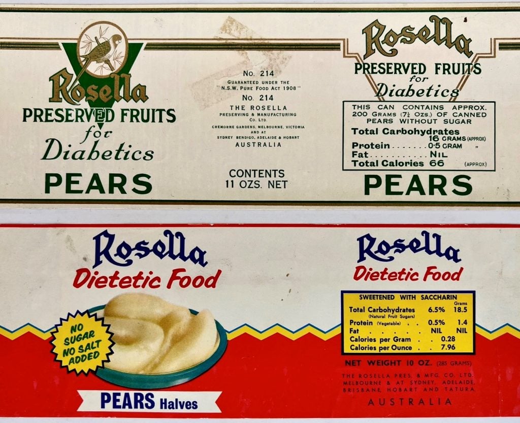 Two canned pear labels, one branded as dietetic food and the other suitable for diabetics.