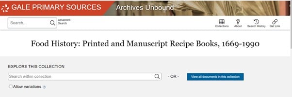 Top of the landing page of Food history: Printed and manuscript recipe books, showing the basic search bar and collection browsing options. Top left also provides an Advanced Search option.