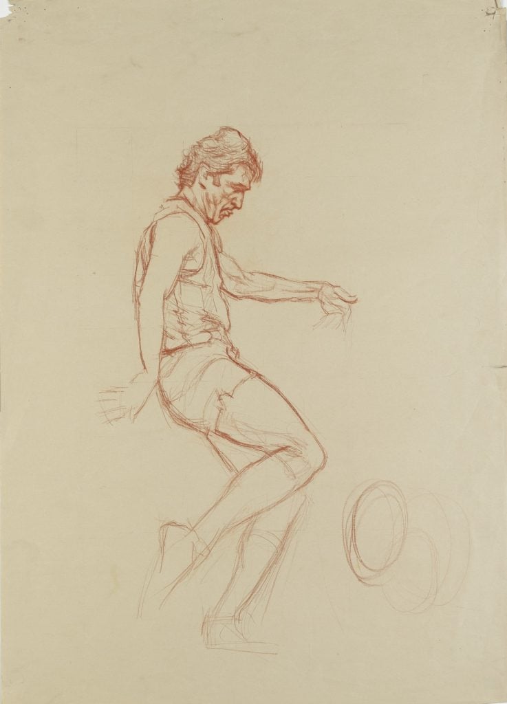 Drawing of Wayne Schimmelbusch in side profile in the process of kicking a football.