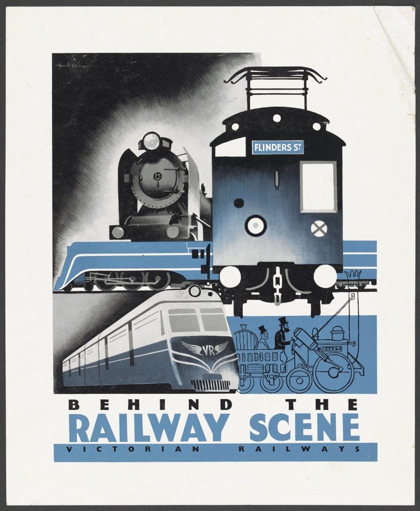 Illustrated poster of different eras of trains in colours of grey, white, black and royal blue.