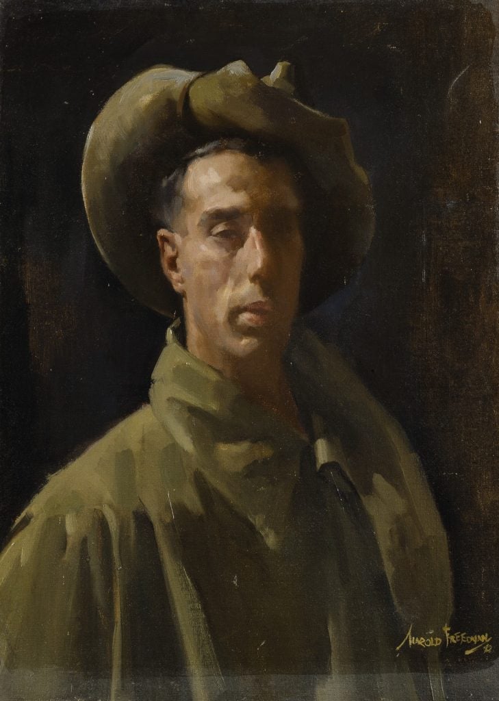 Painting of Harold Freedman wearing his olive green airforce uniform and hat in front of a dark brown background.