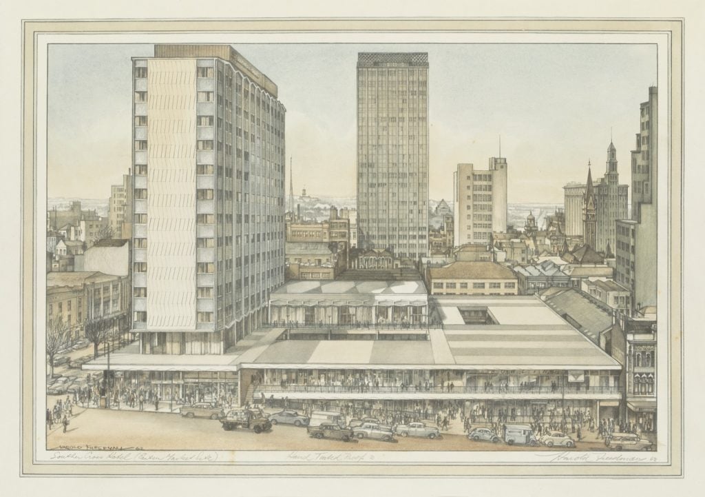 Detailed and lightly coloured illustration of the Southern Cross building, streetscape,  and surrounding skyline of Melbourne dated to 1962.