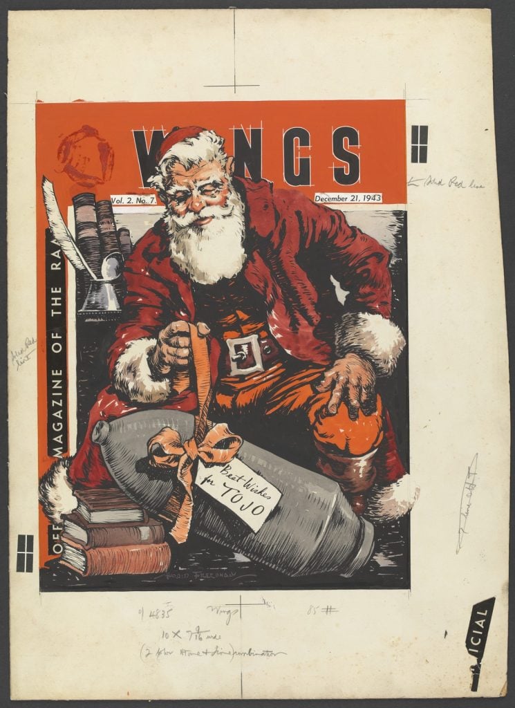 Cover Illustration for Wings magazine showing a smiling Santa Claus, seated and leaning forward, gift wrapping a large bomb with a card stating Best Wishes to Tojo.