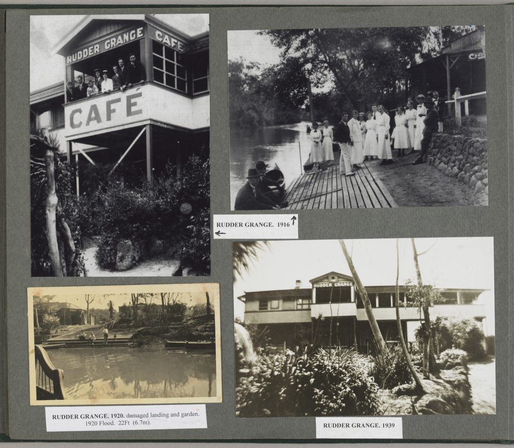 page from album of Rudder Grange canoe club - with 4 black and white photographs - the café with people standing on the balcony, men and women standing at the launching ramp on the rivers edge, women wearing long white dresses, the men in suits; a view across the river to the damaged landing after the flood in 1920, view looking up to the Rudder Grange clubhouse - a large white 2 story building with verandahs around.