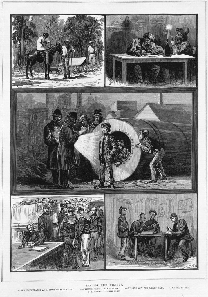 Various black and white illustrations from newspaper featuring people filling out census forms