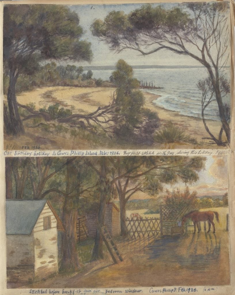 watercolours of Cowes Phillip Island area - a coastal scene , looking through tea tree across a bay, with a low coast behind; a stable or farm yard white building ladder leaning up against a tree, and a horse eating out of a feed bin.
