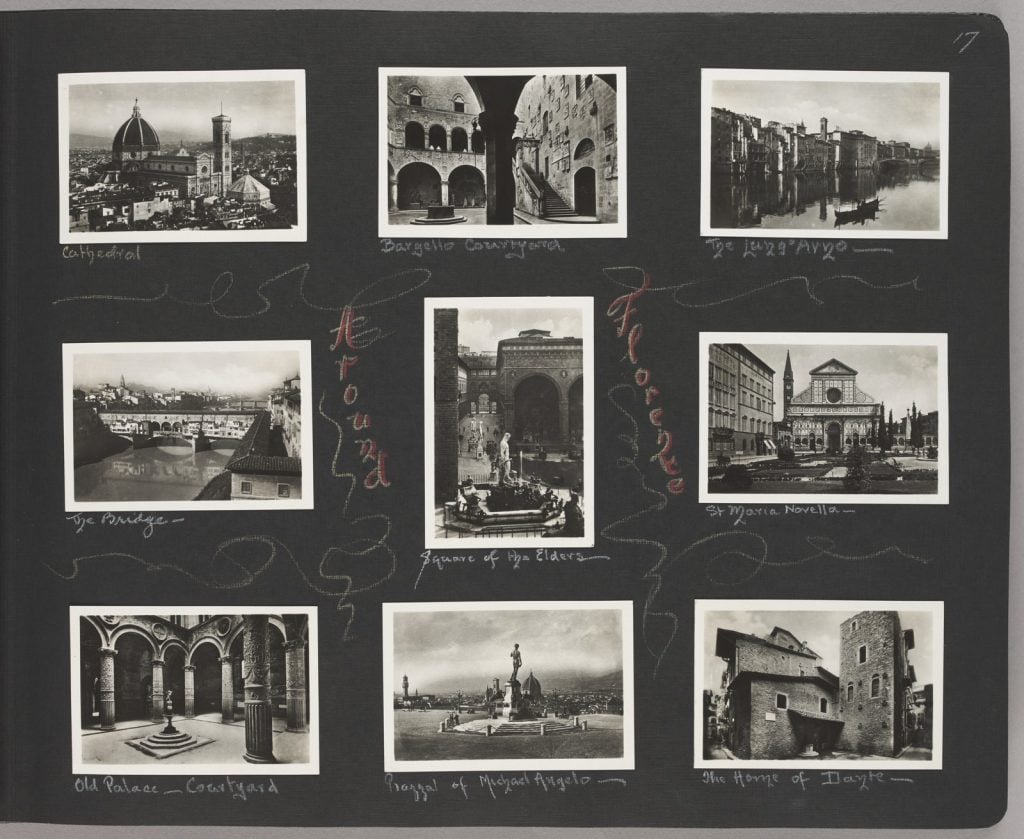page of nine black and white photographs of Florence. View of the Duomo, River Arno, St maria Novella, Bargello courtyard, Old palace courtyard, Piazza of Michael Angelo, Square of the elders.