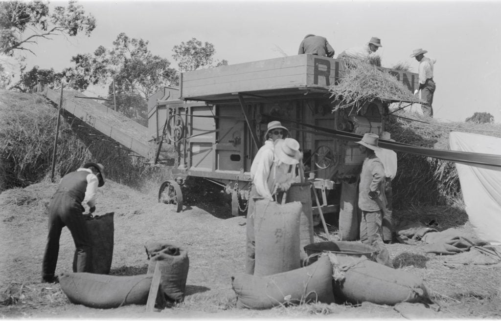 black and white photograph of a team of 7 men working at a chuff cutter, filling bags, and feeding straw into the top of the machine.