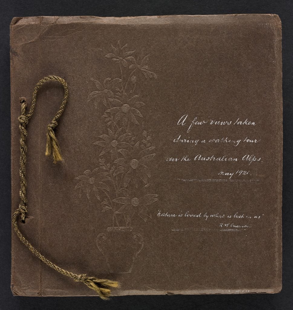 dark brown coloured paper cover of album, embossed with wildflowers. text on the cover handwritten in white ink.