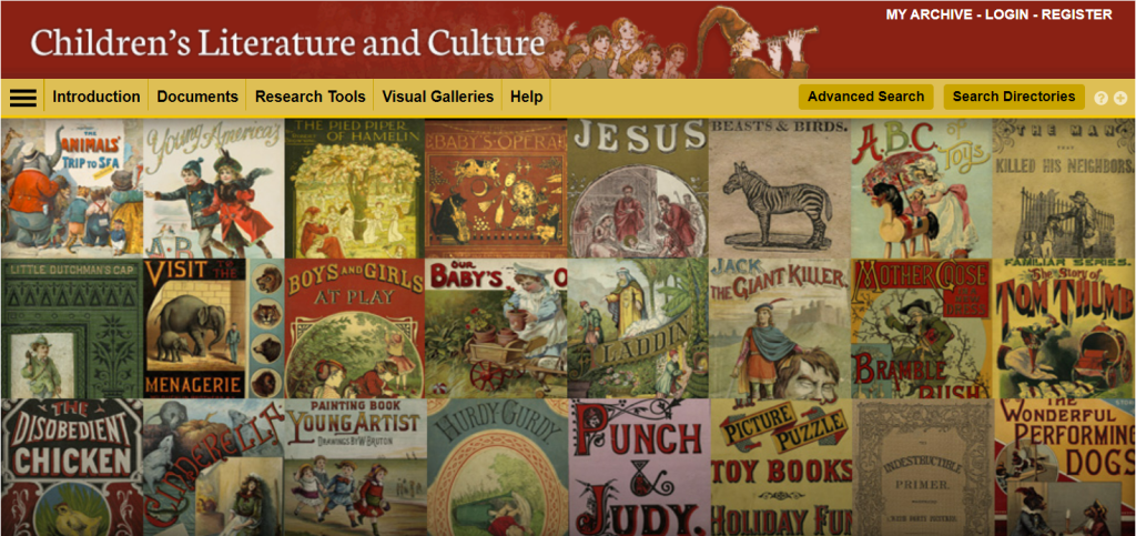 Screenshot of Adam Matthews database homepage, showing the title Children's Literature and Culture and an assortment of children's book covers.