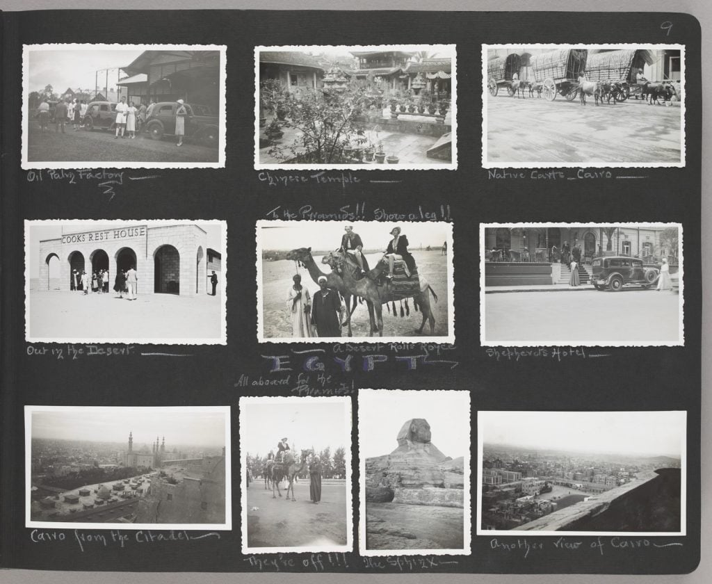 page from photograph album including ten black and white photographs from Egypt, including people riding camels at the pyramids, the Sphinx, Cooks Rest House, street and city views.