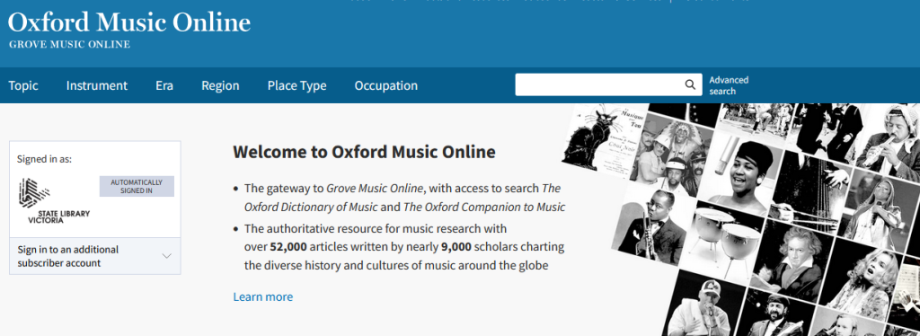 Oxford Music Online home page banner image, with search box, description of database, links to main database categories and pictures of famous musicians