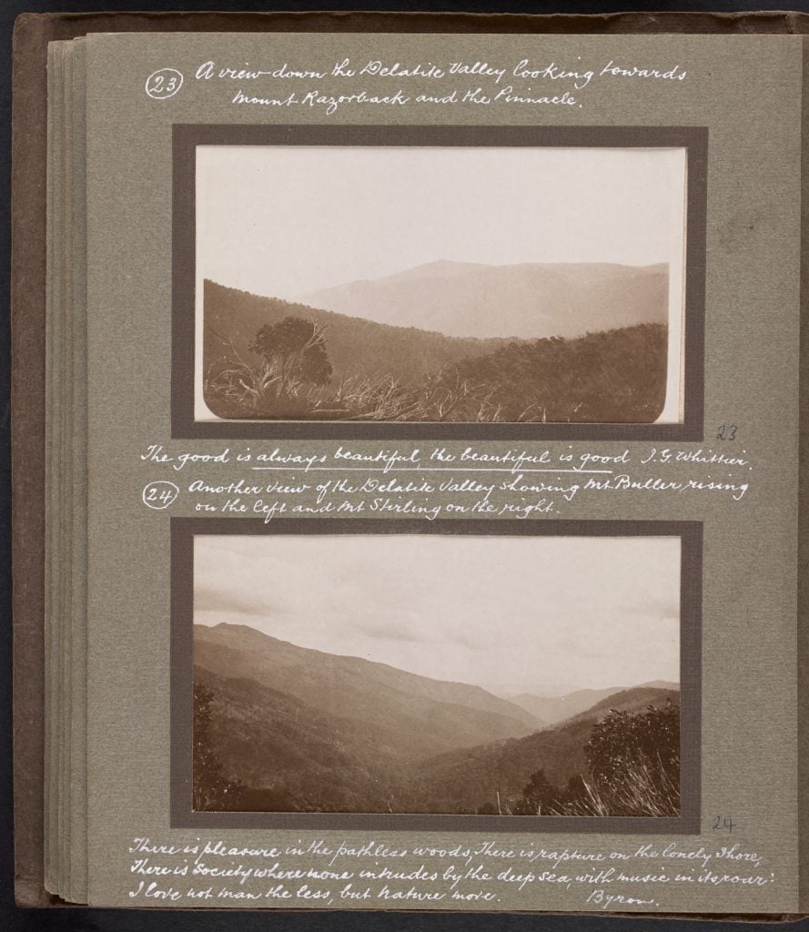 page from album with black and white  photographs of views of mountain ranges, labeled with some lines of verse transcribed underneath - dark gray background and text written inwhite ink.
