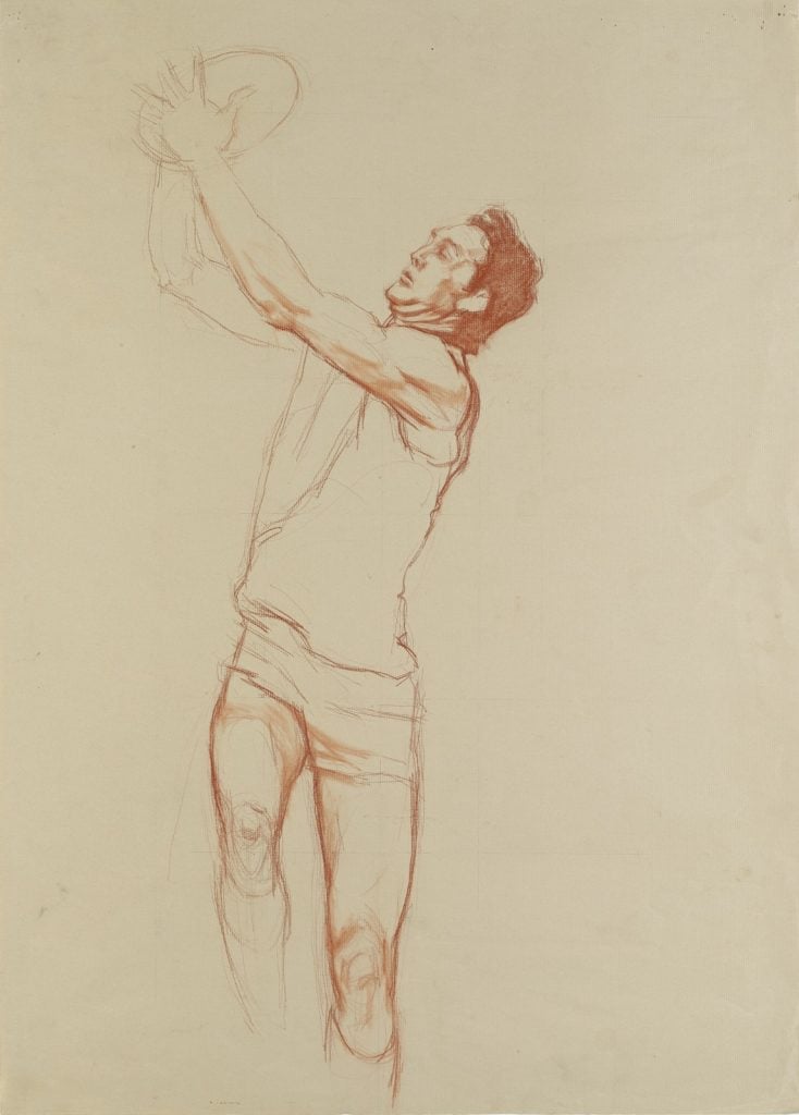 Drawing of Terry Daniher taking a mark, with his face and shoulders turned side on whilst his torso faces forward.