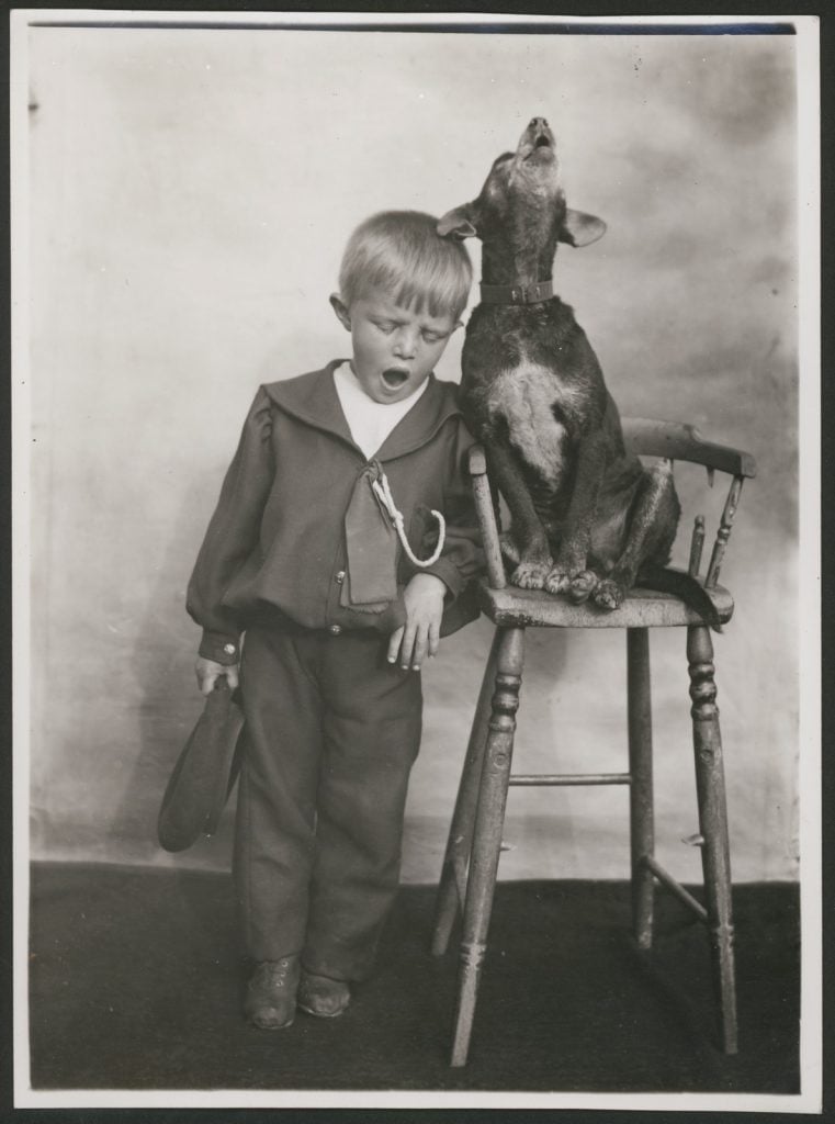 Small boy with a pet dog singing in unison.