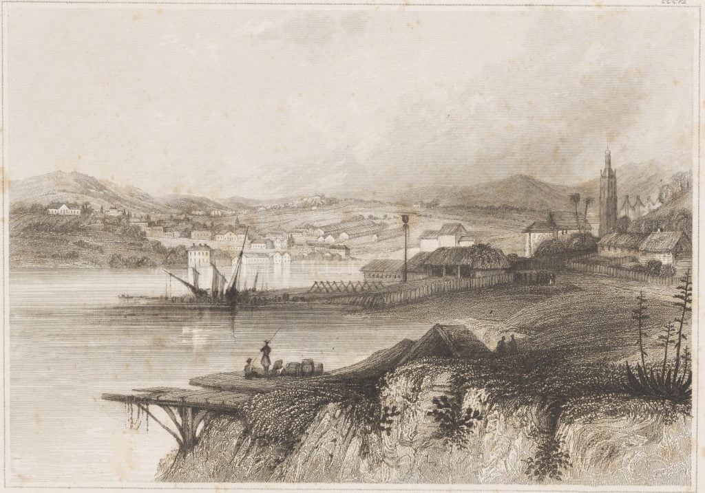 View of Sydney in 1828, bay in foreground and people sitting on a lookout. 