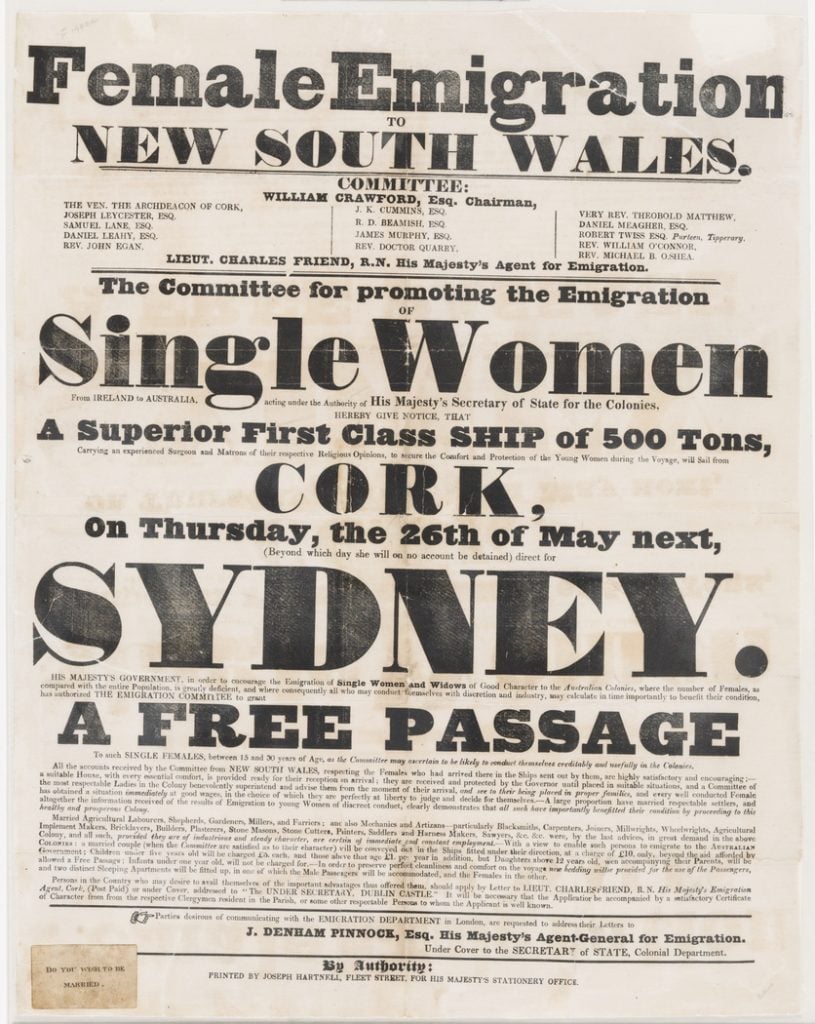 Page from a paper advertising Female Emigration to New South Wales