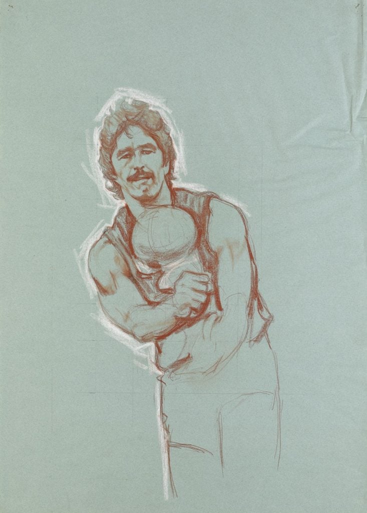 Drawing of Mike Fitzpatrick in process of handballing a football in a three quarter front facing pose.