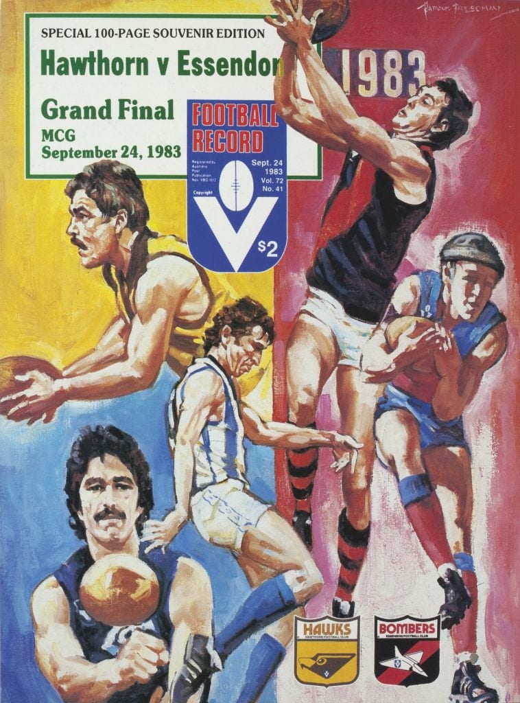 Cover illustration of five footballers who were the captains of the five teams playing in the 1983 finals (Hawthorn, Essendon, Fitzroy, North Melbourne, Carlton). The five players are depicted in the action of playing football (marking, kicking, handballing). The cover has the label for the match being played Hawthorn Vs Essendon Grand Final MCG September 24, 1983. The Football Record title with the Victorian Football League logo, price of $2 and the logos of Hawks and Bombers in the bottom right corner of the illustration.