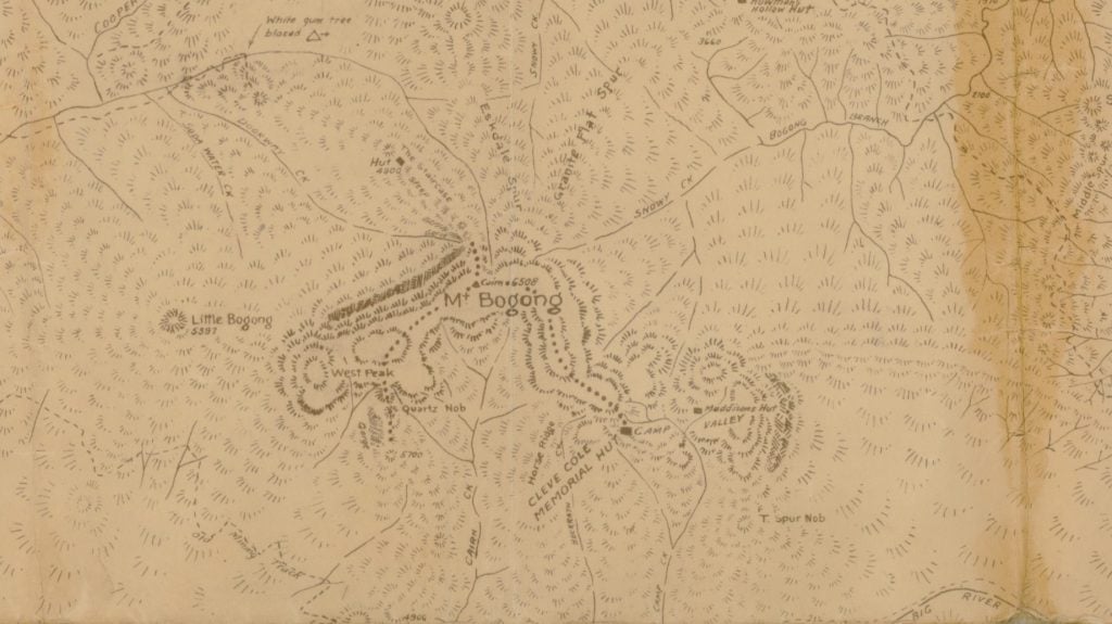 Detail of map showing Mount Bogong. The map shows vegetation, various creeks and the locations of huts.