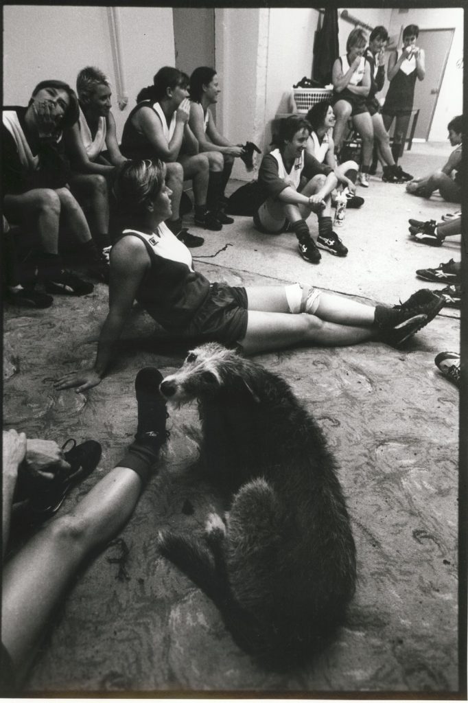 Tara the Irish wolfhound sits in the dressing room of the women's Australian Rules team the Fairfield Falcons. 