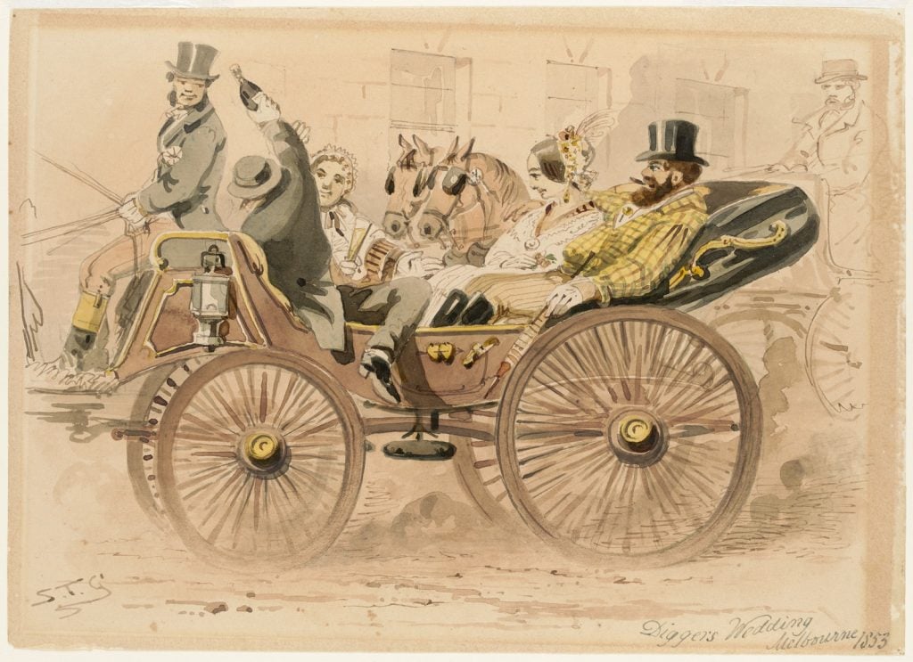 A sumptuous horse-drawn carriage with a newly married couple and other members of the wedding party, drinking champagne. All are in rich dress, including the coach driver.
Diggers' weddings were a frequent sight in Melbourne during the gold rushes. The "bridal" party consisted of drunken men and "wives" who might have come from the local bars or brothels. Many of the "marriages" were mock and bigamous.