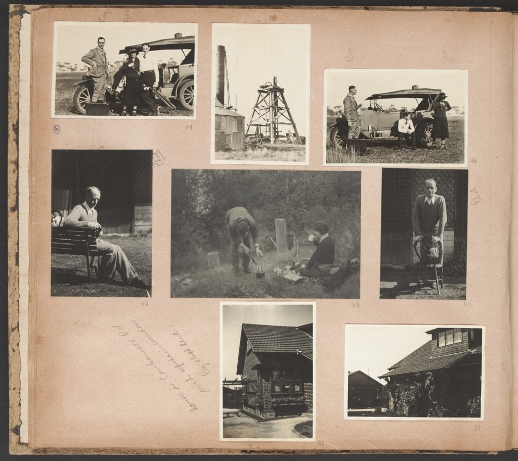 page of 8 black and white photographs, on car trips, a picnic in the bush, people, sections of a brick double story house