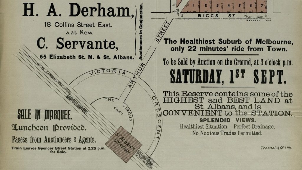 Detail showing streets near St Alban's railways station with text surrounding. It says that the sale will be in a marquee, that lunch is provided and passes can be obtained from Auctioneers and Agents. 