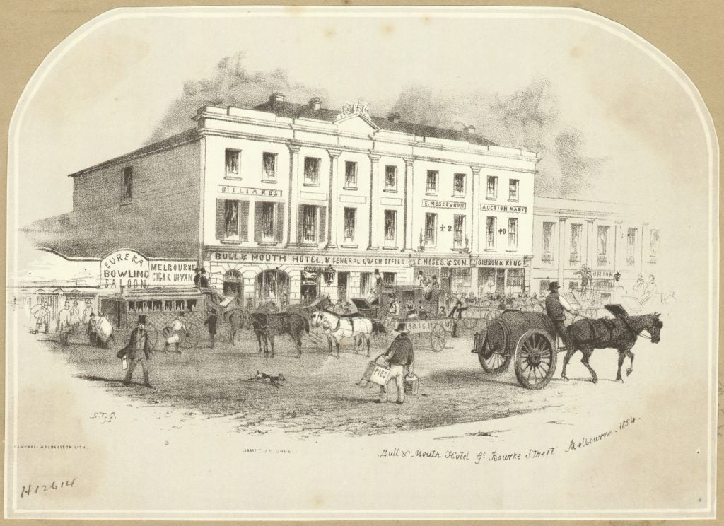 Street scene showing busy Melbourne street filled with horse drawn wagons, water cart and coaches, pedestrians, buildings on opposite side of the street: Eureka Bowling Saloon, Bull & Mouth Hotel, General Coach Office, E. Moses & Son, Gibbon & King.