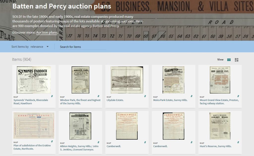 Image of the Library's Collection Discovery interface, showing a series of maps laid out in a grid.