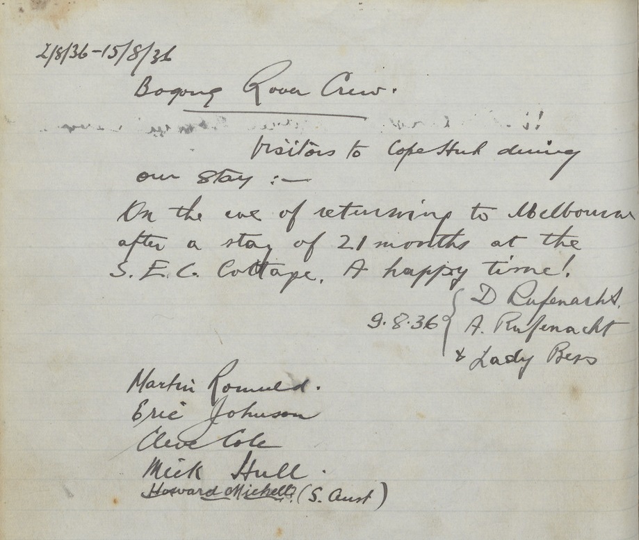 Handwritten page of visitor book listing visitors to Cope Hut.