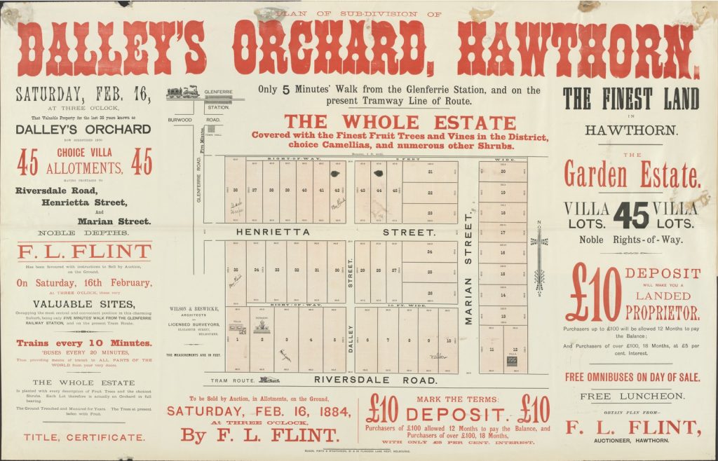 Central map showing streets and allotments, surrounded by text. The text says there are 45 allotments, trains every ten minutes, and that the deposit required is ten pounds. 