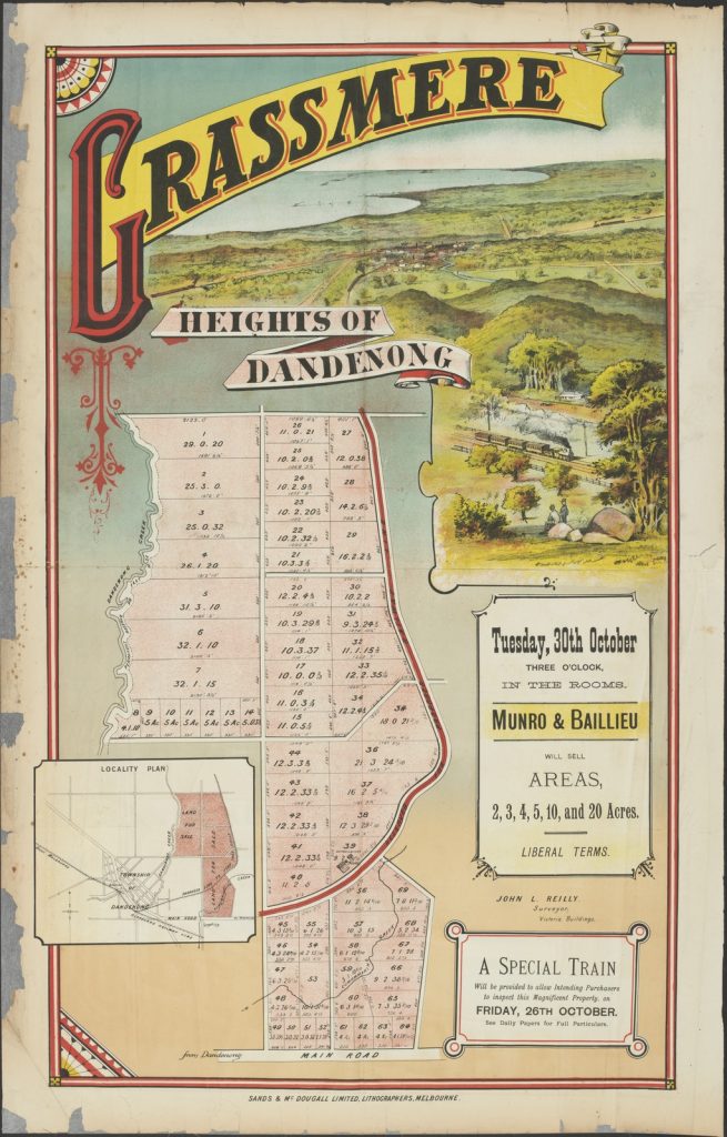 Illustrated coloured map with the title Grassmere. Shows rolling green hills, the sea and a plan of allotments for sale.