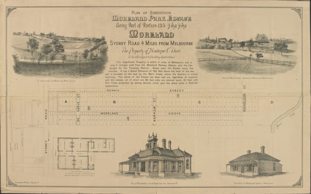 Black and white plan of streets and allotments, surrounded by sketches of two houses and two scenes of open parkland and fields. 